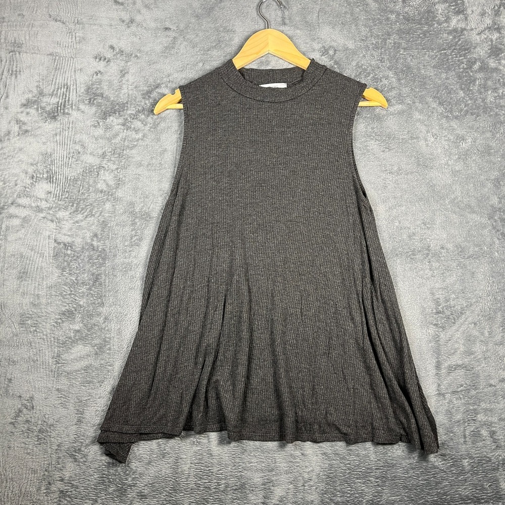 Acemi Tunic Sweater Women Small Gray Knit Ribbed Mock Neck Sleeveless Flared Hem